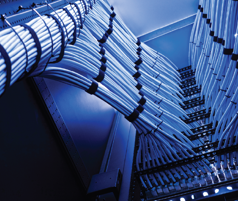 A close-up view of network cables organized neatly in a data center.