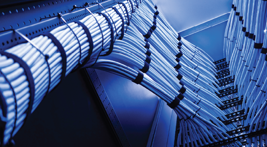 A close-up view of network cables organized neatly in a data center.